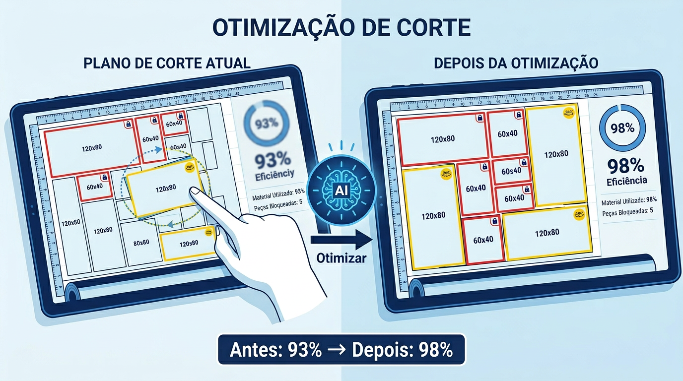 Tela comparando plano de corte atual com resultado otimizado